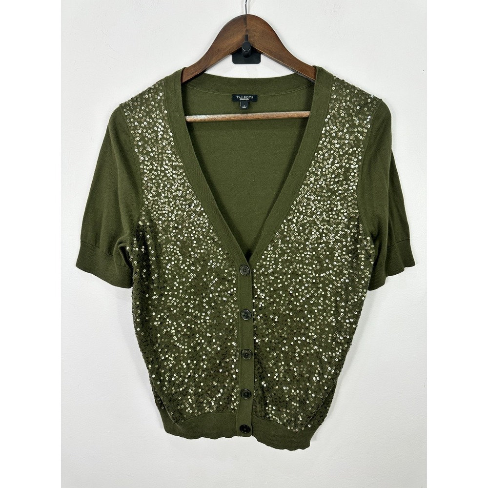 Talbots Short Sleeve Green Sequin Cardigan Lightweight Sweater Womens Large